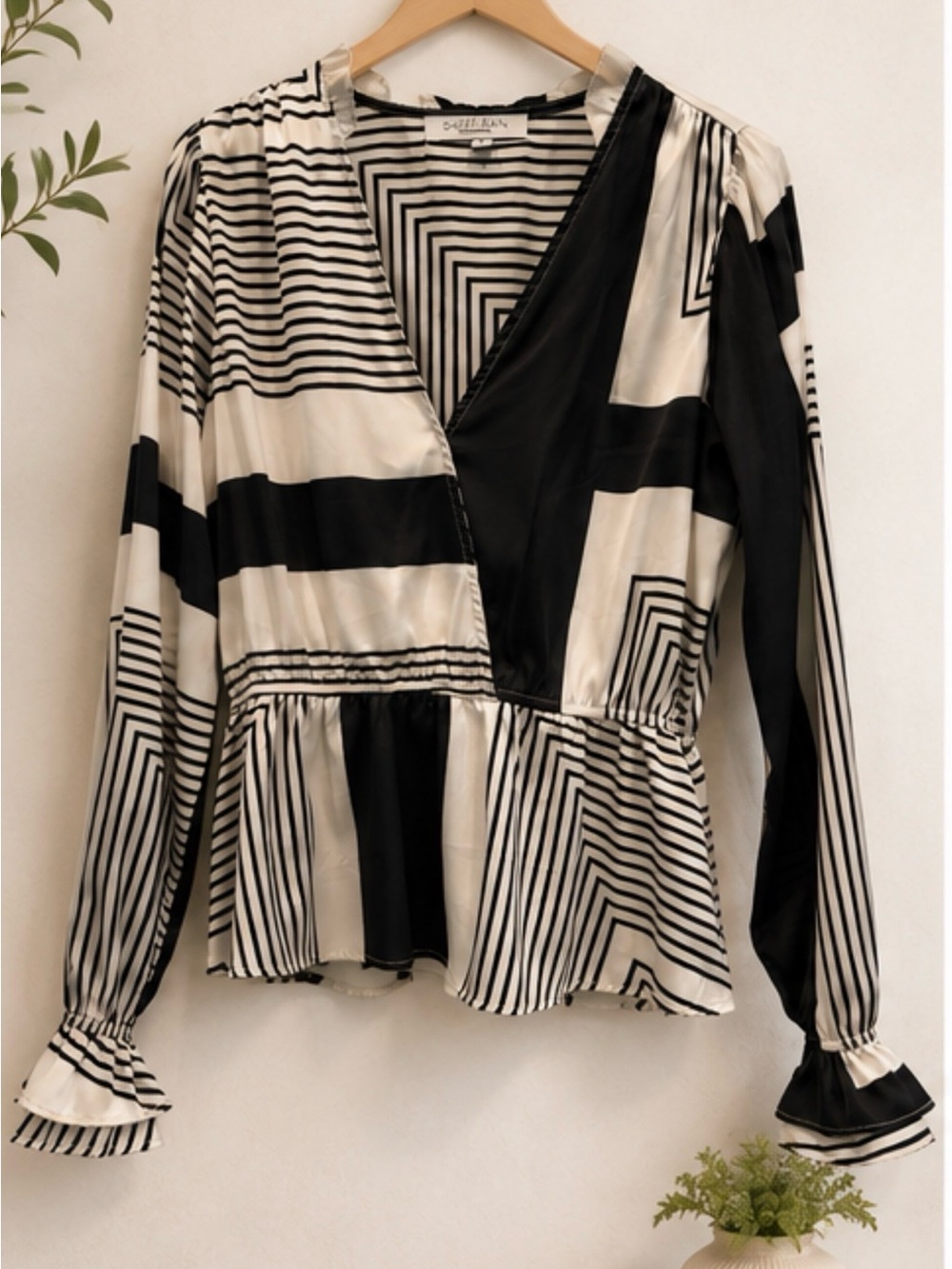 Sweet Rain Black and White Geometric Wrap Blouse